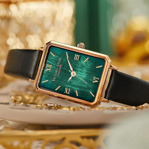 Vista 6 de VICTORIA HYDE Relojes de mujer Verde Madre de Pearl Dial Relojes de pulsera para mujer Correa de cuero genuino Caja rectangular clásica (verde)