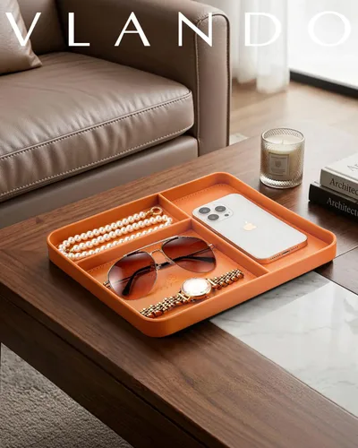Vista 6 de VLANDO Valet Tray for Men, PU Leather Catchall Tray with Dividers Orange