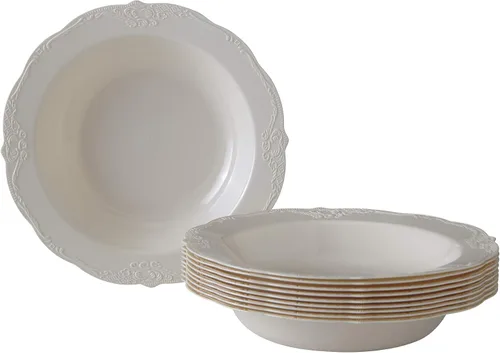 Vista 2 de SILVER SPOONS Platos de sopa desechables de diseño vintage para fiesta (10 unidades) Juego de vajilla desechable resistente de 12 onzas, platos