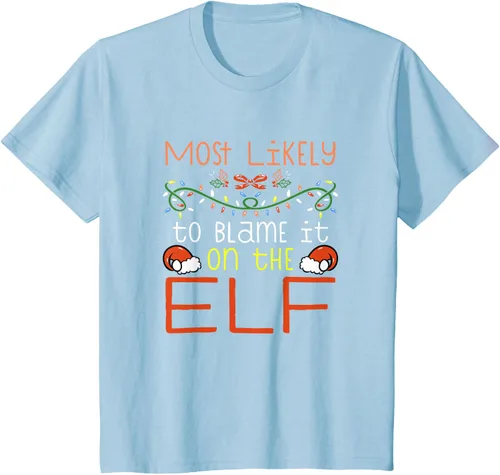 Vista 9 de Camiseta de Navidad familiar a juego con la frase "Most Likely To Blame It On The Elf" Negro