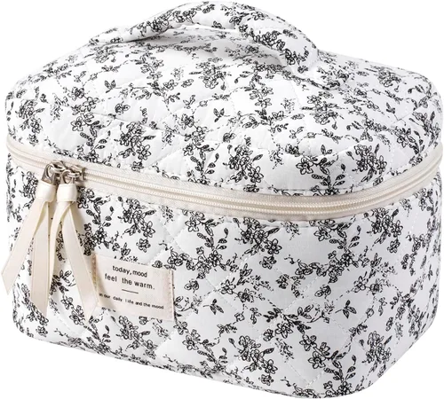 Vista 22 de uekeboag - Bolsa de maquillaje grande de viaje acolchada para mujer, neceser de algodón con estampado floral, neceser con estampado floral