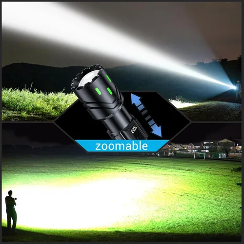 Vista 3 de Linternas Recargables de Alto Lúmenes, Luz LED Súper Brillante, Linternas Tácticas con Pantalla LCD de Energía, 5 Modos, Impermeable, Linterna Más