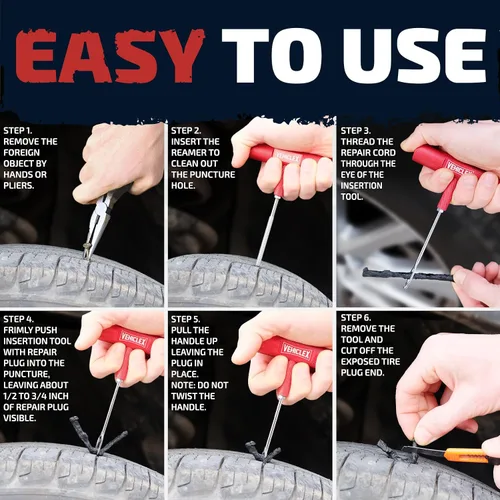 Vista 6 de Kit de reparación de neumáticos Vehiclex para tapones y parches con herramientas con mango de aluminio - Kit de emergencia con alicates en bolsa