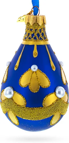 Vista 2 de Patrón de oro en azul Waterdrop Finial Glass Christmas Ornament