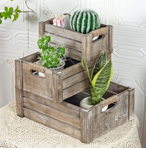 Vista 13 de TIMRIS Juego de 3 cajas de madera rústica envejecida anidables, cajas de almacenamiento de madera decorativas de estilo granja, cestas de madera