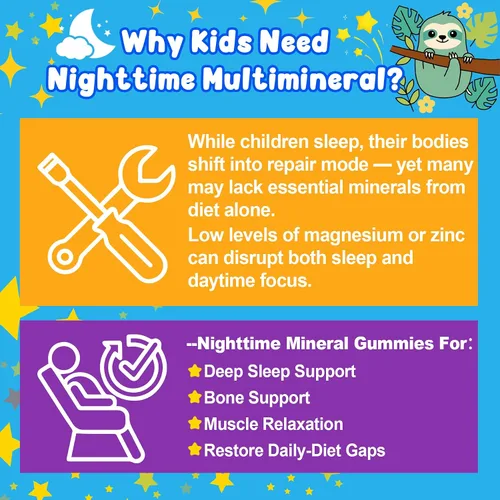 Vista 6 de Gomitas para dormir con magnesio + azafrán para niños, gomitas relajantes rellenas, calcio y zinc, minerales + multivitamínicos, sin melatonina