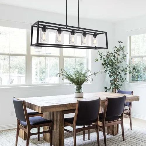 Vista 3 de MELUCEE Candelabro Industrial de 36.2 Pulgadas de Longitud para Isla de Cocina, Luminaria Rectangular de 5 Luces para Comedor Colgante con Acabado
