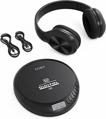 Vista 3 de Coby Reproductor de CD portátil con reproducción MP3 y radio FM, protección anti-salto de 60 segundos, auriculares con cable plegables, reproductor