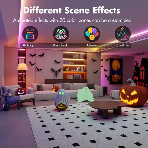 Vista 2 de Tira de luces LED de 50 pies, Smart IC RGB segmentado DIY cambio de color, efectos de persecución de arco iris, aplicación WiFi/control de voz
