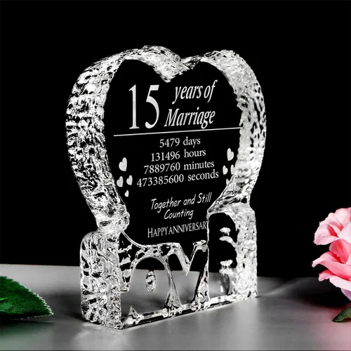 Vista 2 de KWOOD Cristal grabado personalizado en forma de corazón, regalo de boda de 15 aniversario para parejas, esposa, novia, marido, novio (15 aniversario)