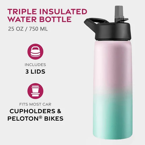 Vista 2 de Botellas de agua de doble pared con aislamiento y pajilla, botella de metal de acero inoxidable con 3 tapas a prueba de fugas, para viajes, escuela
