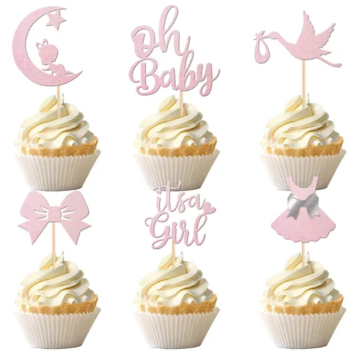 Vista 8 de 24 piezas de adornos para cupcakes con lazo con purpurina, vestido de luna Oh Baby para revelación de género, baby shower, fiesta de cumpleaños