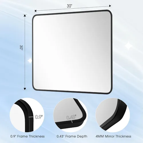 Vista 11 de Espejo rectangular de baño de 30 x 30 pulgadas con marco de metal negro, espejo rectangular de esquina redondeada para pared, moderno y grande