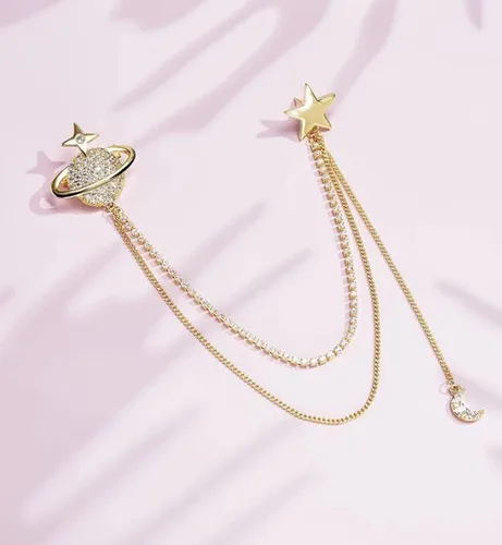 Vista 6 de Broche de estrella de planeta de moda, circonita cúbica con borla de cristal, cadena de luna creciente, clip para abrigo, traje, ramillete, broches