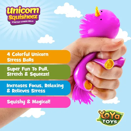 Vista 3 de YoYa Toys Unicorn Squisheez - Pelotas esponjosas para aliviar el estrés (juego de 4) Juguetes mágicos elásticos para niños, niñas y adultos