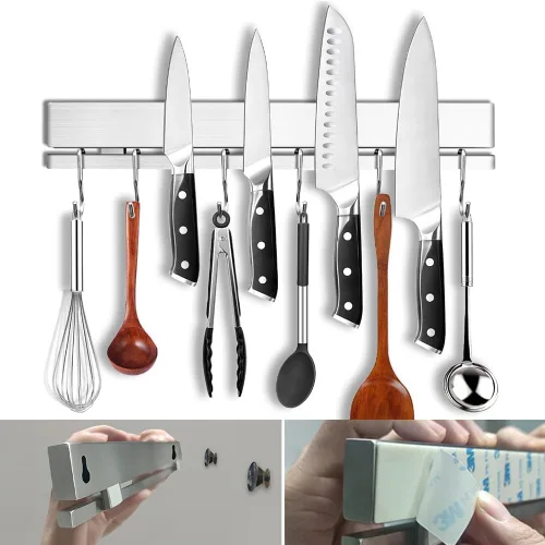 Vista 8 de YIIYIIN Soporte magnético para cuchillos de 17 pulgadas para pared, sin taladro, tira magnética adhesiva para cuchillos con 12 ganchos, varillas