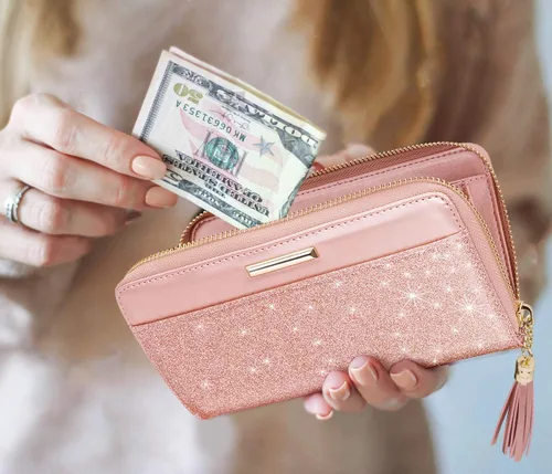 Vista 5 de Coco Rossi Carteras para mujer, de piel sintética, tarjetero organizador con borla y correa de muñeca