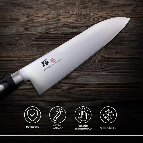 Vista 6 de Cuchillo Santoku japonés básico Kagayaki, 7.0 pulgadas (7.087 in) - Mono-acero VG-1, afilado de acero al carbono con facilidad inoxidable, fabricado