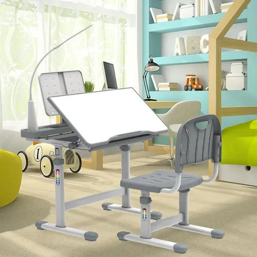 Vista 10 de BELANITAS Juego de escritorio y silla para niños, escritorio escolar de altura ajustable para niños, inclinable de 40 grados con 3 modos de luz