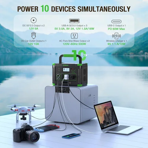 Vista 2 de Estación de energía portátil de 500 W (pico de 1000 W), 2 salidas de CA de 120 V y PD USB-C de 60 W, banco de energía portátil de 10 salidas