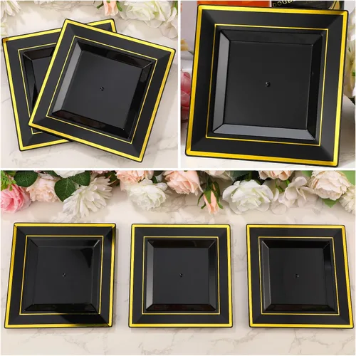 Vista 4 de 200 platos de plástico negro y dorado de 6.5 pulgadas, platos de postre cuadrados desechables para aperitivos, pasteles, ensalada, cubiertos