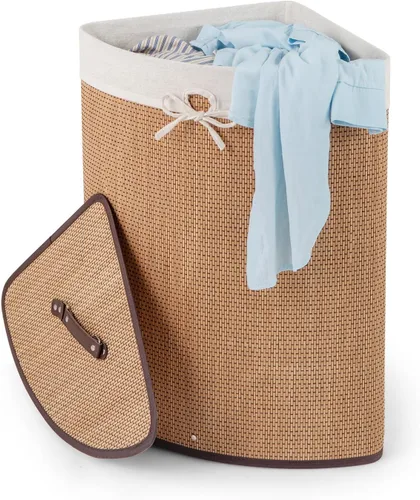 Vista 12 de GOFLAME Cesta esquinera de bambú para la ropa sucia con tapa y forro extraíble, cesta de almacenamiento con asa, adecuada para dormitorio, baño