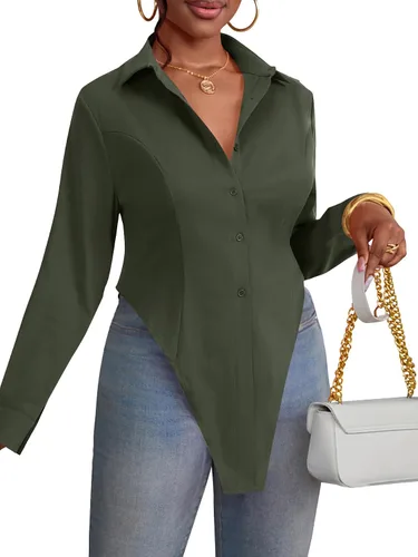 Vista 5 de OPOIPIN Blusa de manga larga con cuello en V para mujer, con botones, dobladillo con abertura