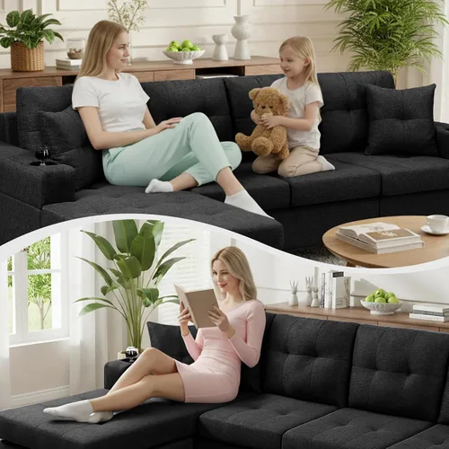Vista 6 de Wakefit Sofá seccional, moderno juego de muebles de sala de estar de 4 plazas con diván reversible y 2 almohadas, sofá en forma de L, portavasos