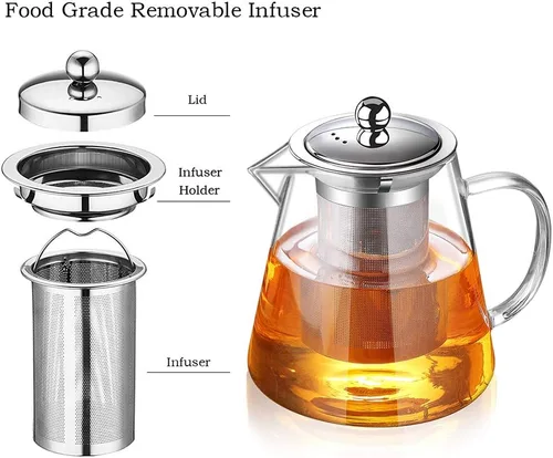 Vista 3 de Tetera de vidrio con infusor Tetera de 32 oz/43 oz Hervidor de té seguro para estufa Juego de tetera para té floreciente y de hojas sueltas