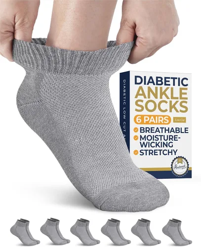 Vista 9 de Pembrook Calcetines de tobillo para diabéticos para mujeres y hombres - 6 pares Calcetines de corte bajo para neuropatía para mujeres Costuras
