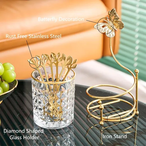 Vista 2 de Juego de 6 cucharas de café con soporte de vidrio, Juego de cucharas pequeñas de té de acero inoxidable dorado, Juego de mini cucharas de postre