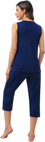 Vista 5 de SWOMOG Conjunto de pijama de maternidad para mujer, pijama de lactancia de doble capa, sin mangas, parte superior capri, conjunto de embarazo