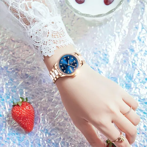 Vista 6 de OLEVS Relojes para mujer, pulsera de cerámica mecánica de cuerda automática, regalo del día del corazón Azul