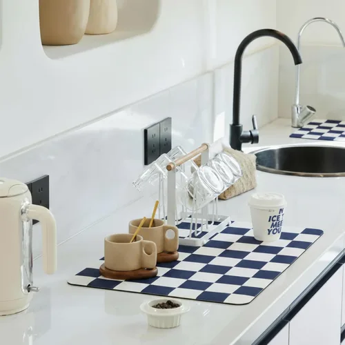 Vista 18 de Ohocut Tapete de secado de platos a cuadros para encimera de cocina, accesorios de estación de cafetería, estética, retro, moderna, absorbente