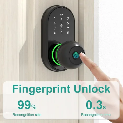 Vista 2 de Cerradura inteligente para puerta de entrada sin llave con perilla, cerradura de puerta con teclado y huella dactilar con mango, código electrónico