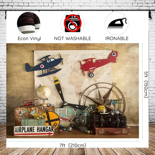 Vista 7 de Telones de fondo de sueño volador para niños, decoración de fiesta de primer cumpleaños, mapa piloto, avión, maleta de viaje, fondo de fotos, baby