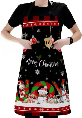 Vista 6 de Christmas Bib Aprons with Pockets Waterproof, Adjustable Apron for Men Women Joy Xmas Tree Snowman Winter Snowflake Red Black Plaid