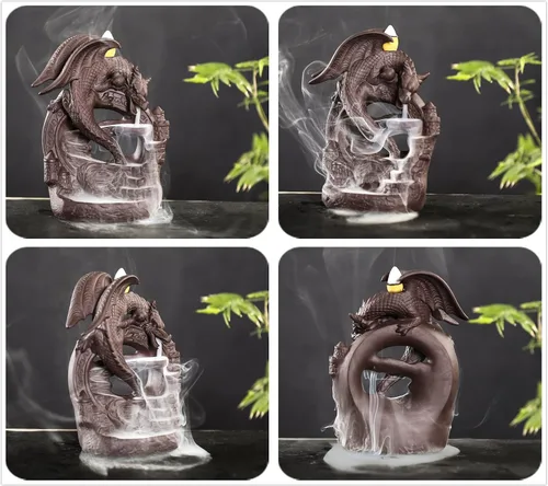Vista 2 de Pterosaur - Juego de quemador de incienso con reflujo de dragón Efecto de humo de cascada hecho a mano con 10 conos y esterilla Decoración