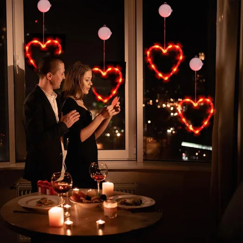 Vista 4 de 3 luces de ventana para el día de San Valentín, decoración de ventana con forma de corazón rojo, funciona con pilas, luces románticas colgantes