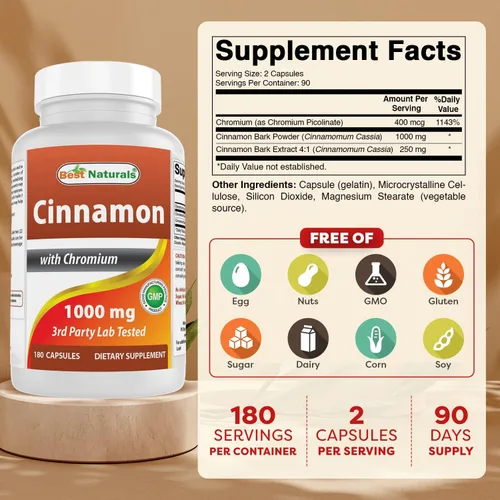 Vista 2 de Best Naturals Canela 2000 mg Equivalente con Cromo 400 mcg por porción - Apoyo al metabolismo - 180 Cápsulas