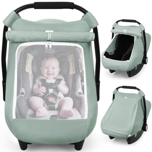 Vista 16 de Rquite Funda de asiento de automóvil para bebé, niña, niño, 100% muselina de algodón, toldo transpirable a prueba de viento con ventana de malla