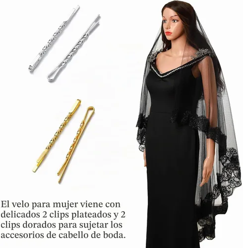 Vista 6 de Acenail Black Lace Veil Brides Wedding Veils Long Cathedral Veil with Comb Mourning Funeral Corpse Halloween Costume Veils Negro 110