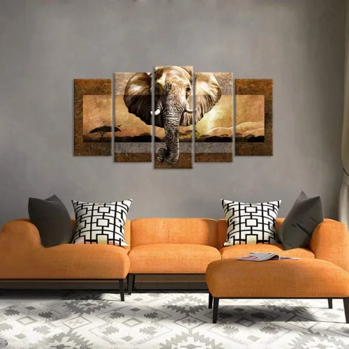 Vista 2 de iHAPPYWALL Lienzo grande de 5 piezas de elefante africano, arte de pared de animales salvajes, paisaje africano, pintura sobre lienzo