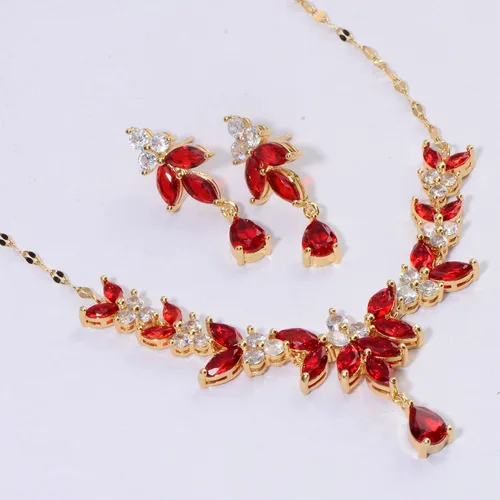 Vista 5 de Juego de joyas de novia para boda Juego de aretes colgantes de hojas colgantes con forma de lágrima y circonita cúbica para mujer, Gema, Circonita