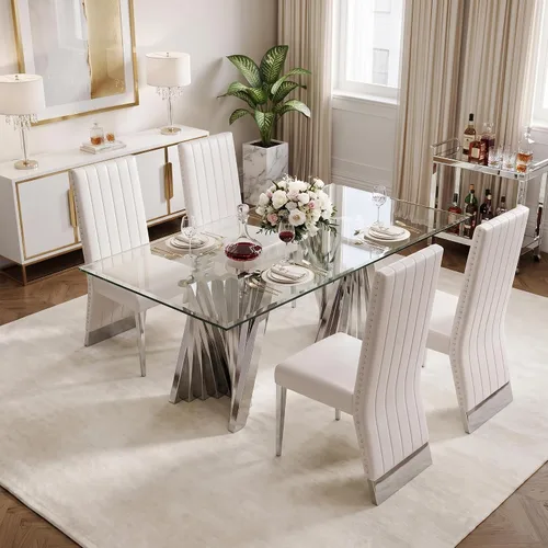 Vista 10 de Juego de mesa de comedor de 5 piezas, juego de mesa de comedor para 4, mesa de comedor de vidrio transparente con 4 sillas de comedor tapizadas