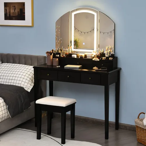 Vista 11 de CHARMAID Escritorio de tocador con luces – Mesa de tocador de maquillaje con espejo de tres pliegues, 10 luces LED Hollywood ajustables, 4 cajones