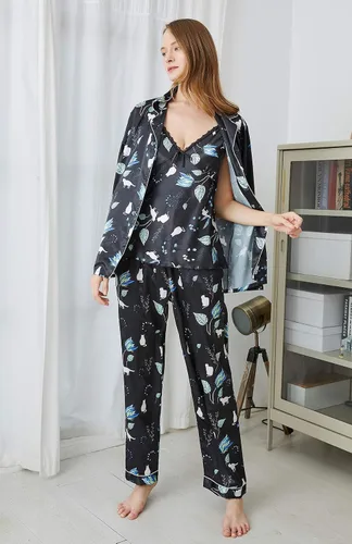 Vista 4 de Escalier Conjunto de 5 piezas de pijama de satén de seda para mujer, ropa de dormir