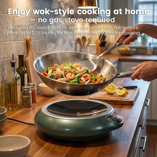 Vista 2 de Wok de inducción cóncava de 1700 W 120 V con wok de acero inoxidable, calentamiento continuo sin pulsos, 16 niveles de potencia, quemador portátil