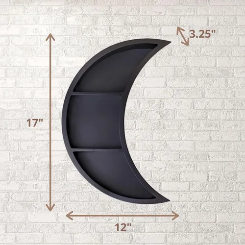 Vista 3 de Kirpi Estante original de luna negra para cristales, decoración de pared de Halloween, estante flotante de madera de luna, estantes flotantes
