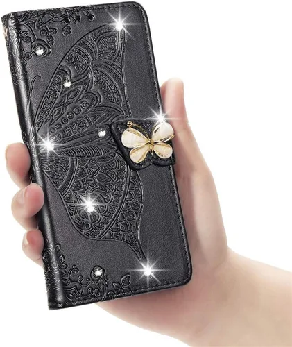 Vista 3 de Funda tipo cartera para iPhone 15, con purpurina de cristal, con soporte para tarjetas, funda de cuero con tapa para teléfono, funda protectora